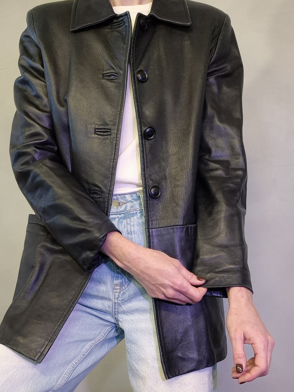 VINTAGE - Classic Black Leather Button-Front Jacket